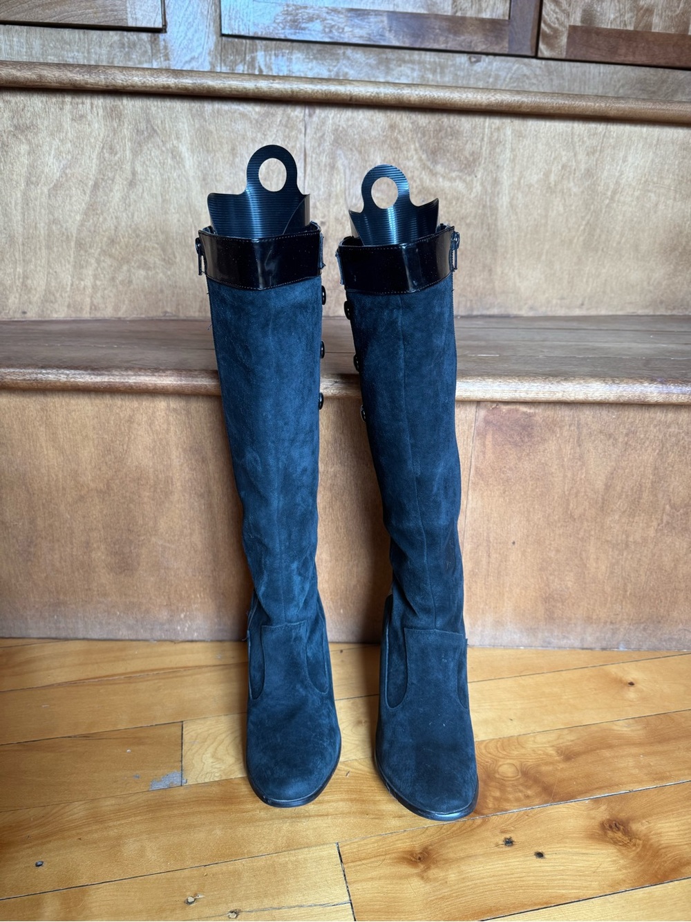 Hush Puppies Black Suede Tall Boots with Patent Trim